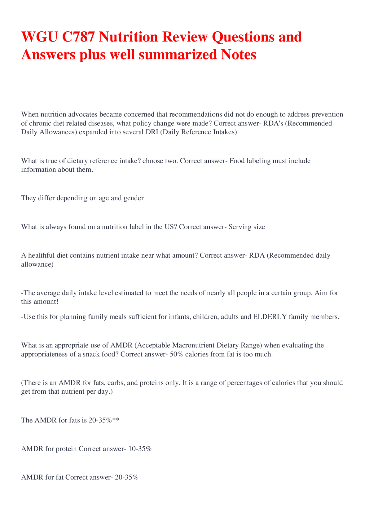 Preview of WGU C787 Nutrition Review Questions and Answers plus well summarized Notes